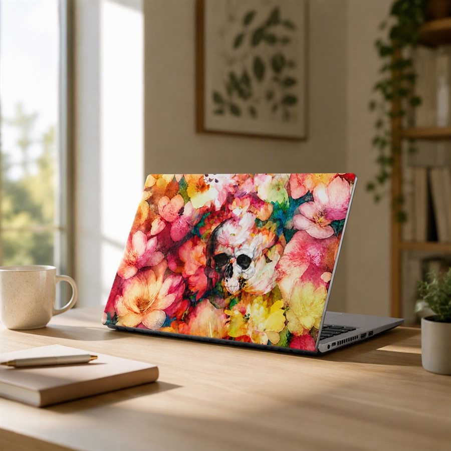 Notebook con skin de flores en acuarela con una calavera integrada entre los pétalos, sobre un escritorio de madera clara con un cuaderno, una birome y una taza.