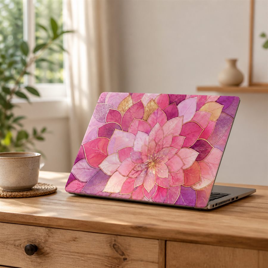 Notebook con skin de mandala de pétalos rosa y violeta con contornos dorados, sobre un mueble de madera cálida, junto a una planta y una ventana con cortina.