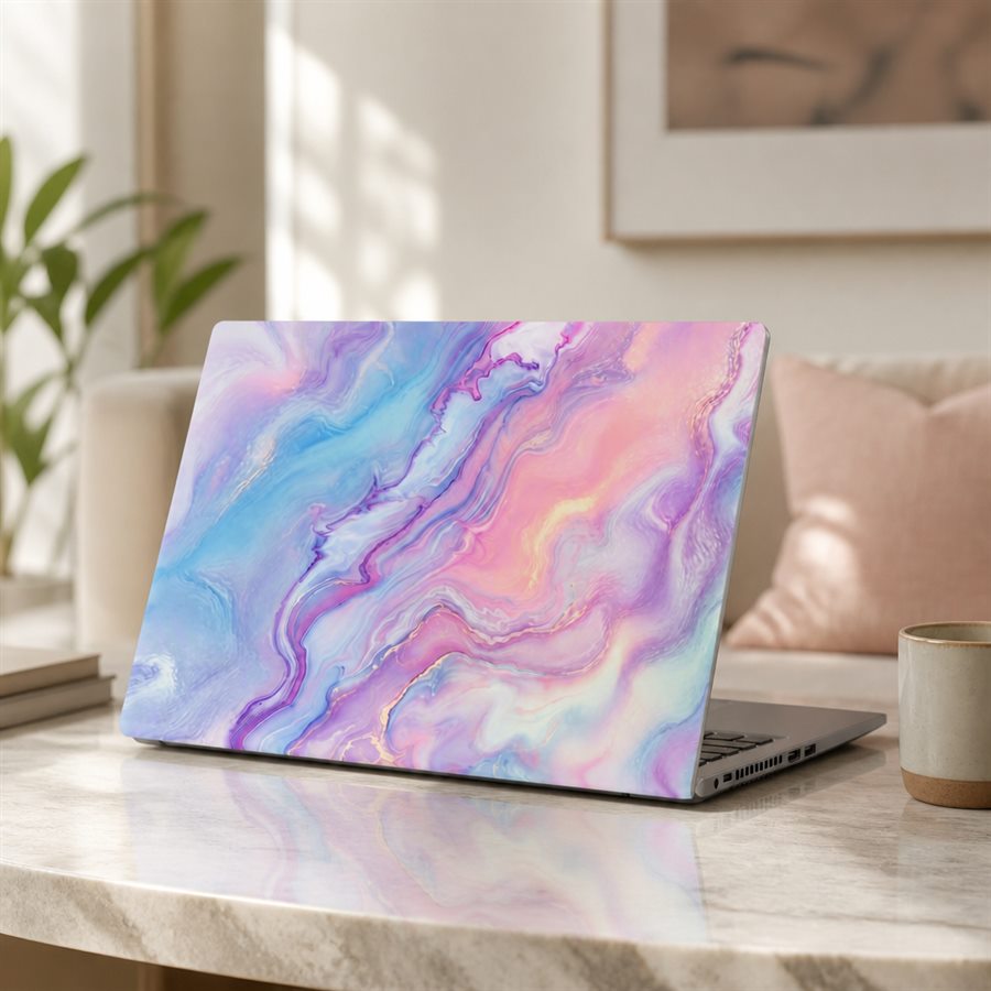Notebook con skin de mármol pastel en rosa, celeste y violeta, apoyada en una mesa de mármol claro, con una planta, un almohadón rosa y una taza.