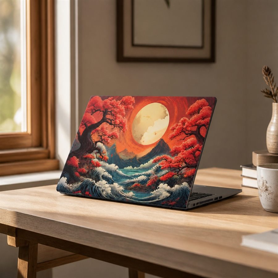 Notebook con skin de una ola japonesa, arces rojos y un sol enorme, sobre una mesa de madera junto a la ventana, con libros y una taza al lado.