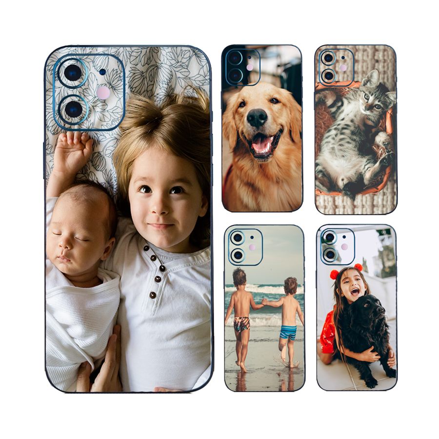 Celulares con skins personalizados impresos con fotos: dos hermanos, un golden retriever, un gato, chicos en la playa y una nena con su perro.