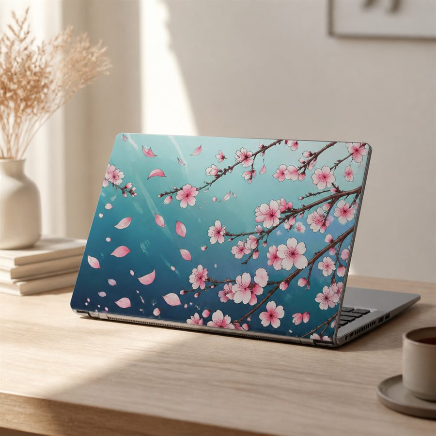 Notebook con skin de flores de cerezo rosas sobre un degradé turquesa, abierta sobre un escritorio de madera clara junto a un jarrón con ramas secas y una taza.